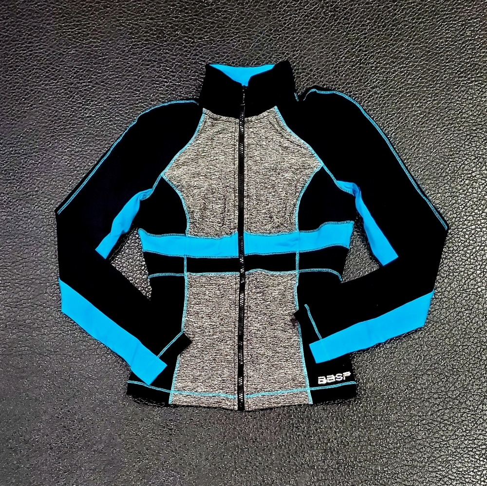*NWOT* Bebe Sport Crystals Logo Black/Sky Blue/Space Dye Jacket - Size XS.